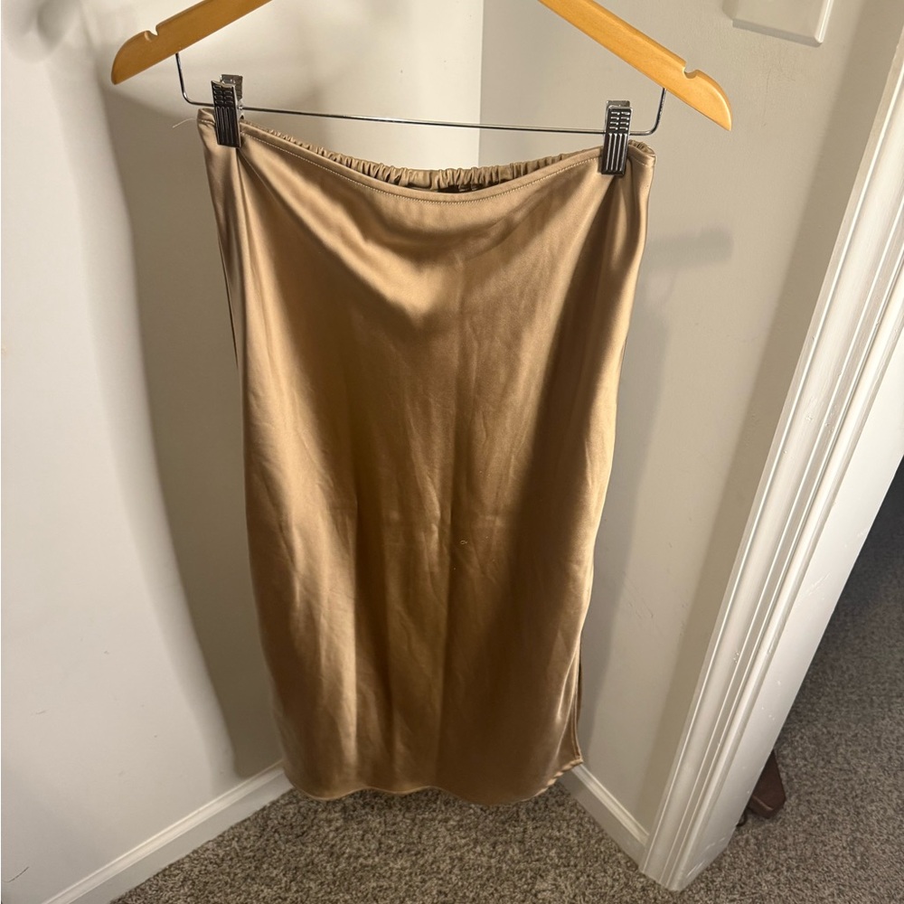 Satin Tan/Gold Midi Skirt with Side Slit